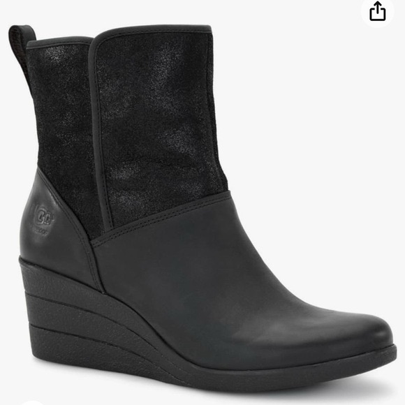 UGG Black Leather Renatta Wedge Boots With Fur Women’s size 10 - Picture 1 of 9